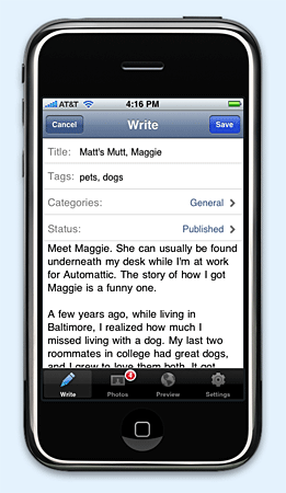「WordPress for iPhone」ブログ編集画面(公式サイトより転載) 「WordPress for iPhone」ブログ編集画面(公式サイトより転載)