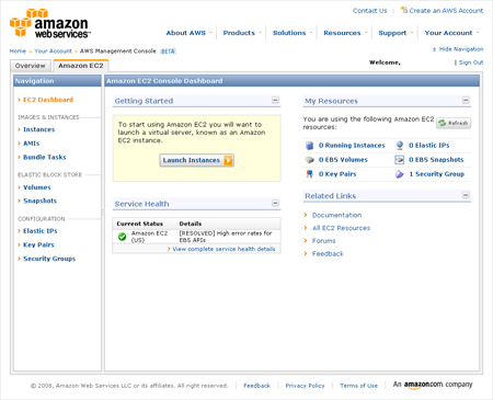 AWS Management Consoleのダッシュボード画面。各種操作機能は左サイドのナビゲーションバーに集約されている。メニューは「IMAGES & INSTANCES」「ELASTIC BLOCK STORE」「CONFIGRATION」の3つに大きく分類されている