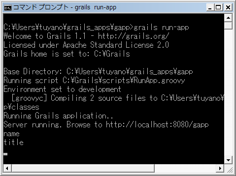 図2　grails run-appで実行した場合、コマンドプロンプトにバリデーションではじかれたフィールド名が書き出される。