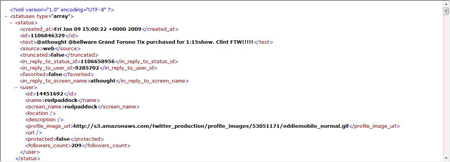 図1 ステータスXML:サンプルリクエストに対してTwitterが返すXMLデータ