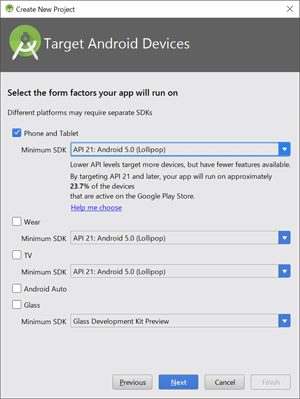 図2 Select the form factors your app will run on