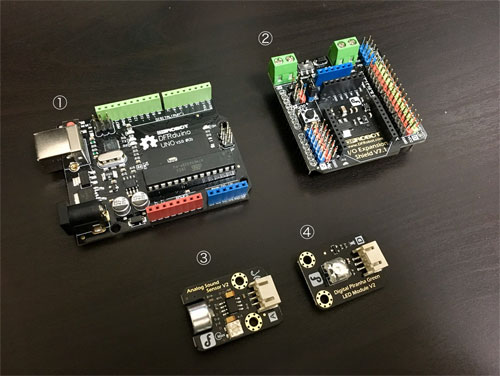 ①:DFRduino UNO R3、②:IO Expansion Shield for Arduino、③④:Gravityセンサー