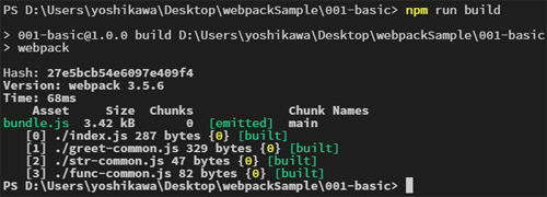 図2 「npm run build」実行時のコマンドライン表示(001-basic)