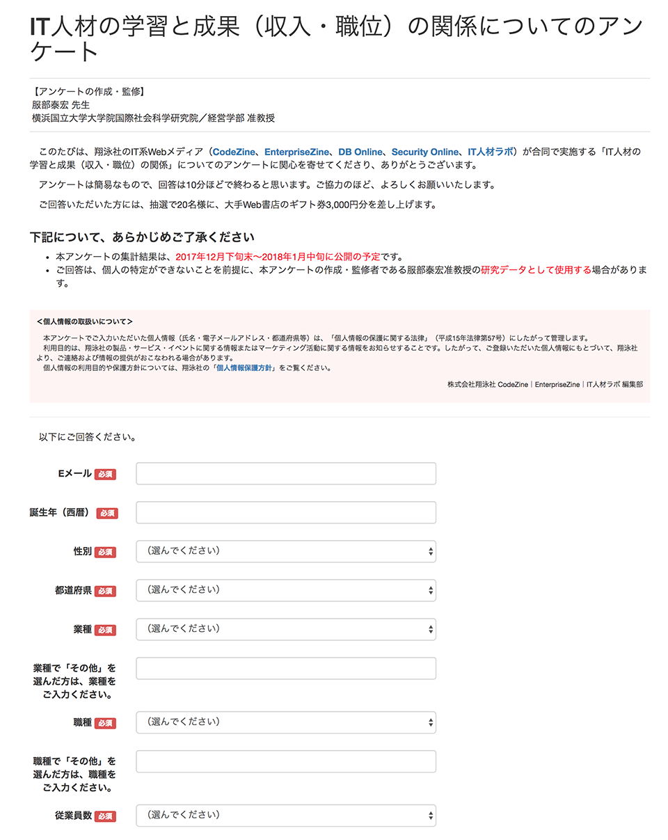 「IT人材の学習と成果(収入・職位)の関係」アンケートページ