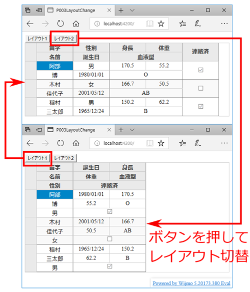 図8 MultiRowのレイアウトを切り替えるサンプル(P003-layout-change)