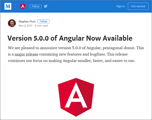 図1 Angular 5のアップデートを案内するブログ記事(Angular公式ブログより)
