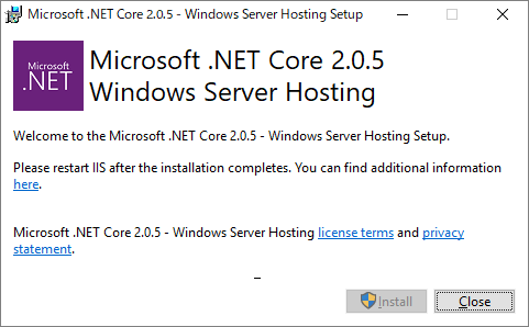 .NET Core Windows Server 호스팅 번들 설치 화면