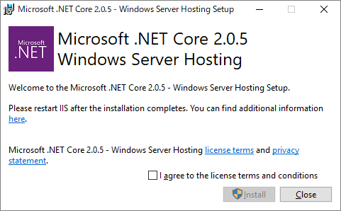 .NET Core Windows Server 호스팅 번들 설치 화면