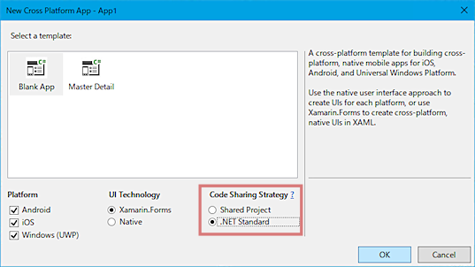 Xamarin.Forms 프로젝트를 만들 때 대화