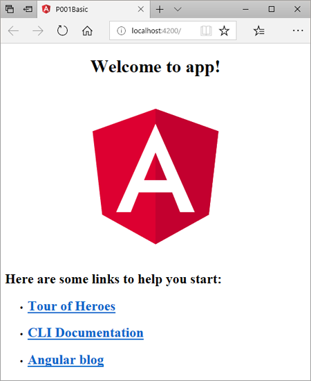 図2 Angular CLIで生成したプロジェクトの実行結果(P001-basic)