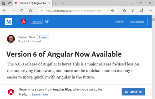 図1 バージョン6のリリースを告知する公式ブログ記事(https://blog.angular.io/version-6-of-angular-now-available-cc56b0efa7a4)