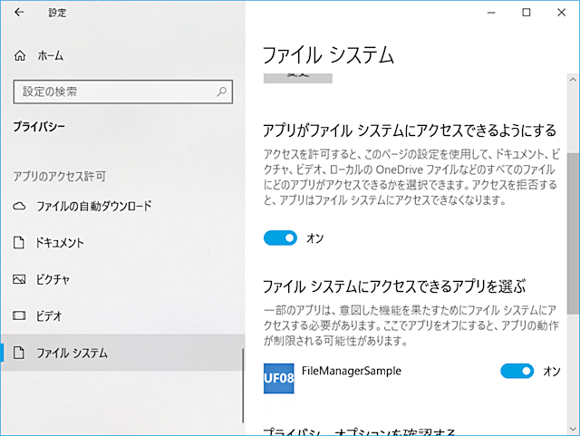 設定アプリの［プライバシー］－［ファイル システム］