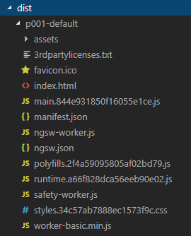 図2:「ng build --prod」のビルド処理で出力されたファイル(p001-default)