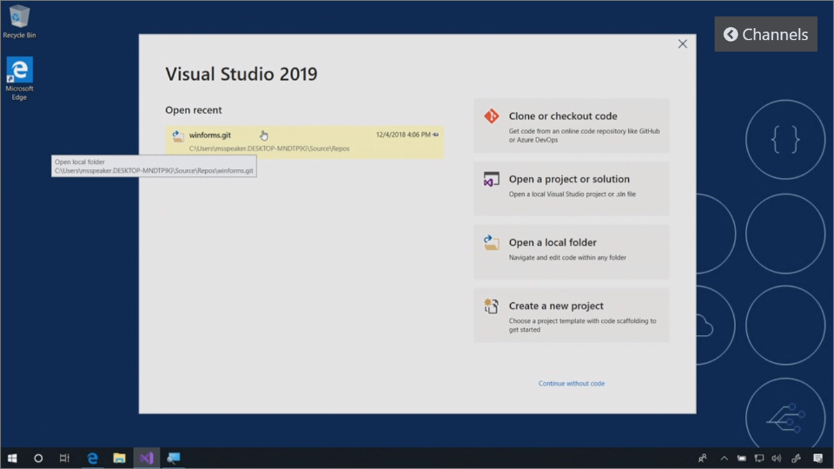 Visual Studio 2019のスタートウィンドウの最上部には、「Gitレポジトリのクローン/チェックアウト」が表示されるようになった