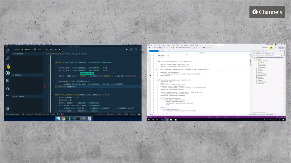 macOS上のVisual Studio Code(左)と、Windows上のVisual Studio(右)とが共同作業を進めている様子