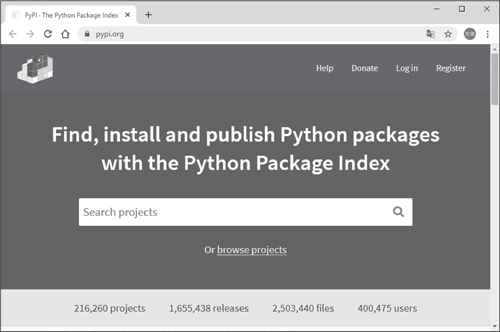 図1.5　PyPI（https://pypi.org/）のトップページ