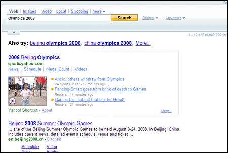 「Olympics 2008」の検索結果、再生ボタンを押すとページを移動せずにオリンピック関連動画を閲覧することができる 「Olympics 2008」の検索結果、再生ボタンを押すとページを移動せずにオリンピック関連動画を閲覧することができる