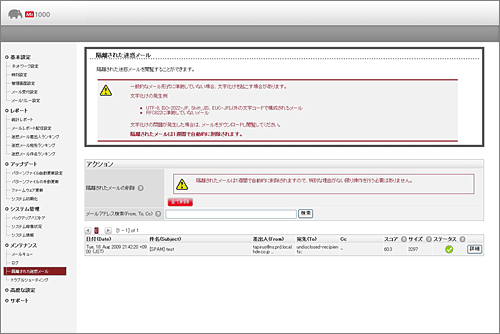 ウェブのインターフェイスで様々な管理を行える。下図は隔離された迷惑メールの管理画面