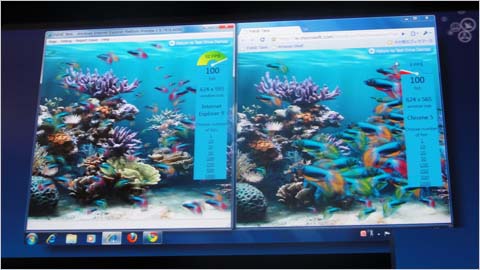 IE9(左)とGoogle Chrome(右)の描画性能の比較。GPUアクセラレーションにより100匹の熱帯魚の動きがスムーズに動作する