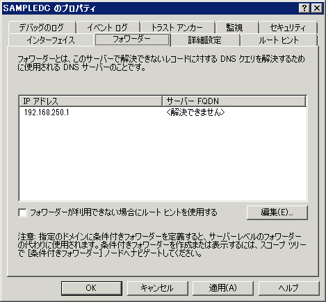 図1 Windows Server DNSによるフォワーダ設定の例