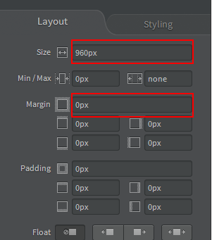 図8 Layoutパネル:size(widthプロパティ)を960px、Marginを0pxにする