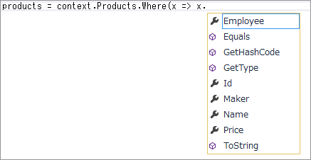 図1 ProductのメンバがIntelliSense表示される