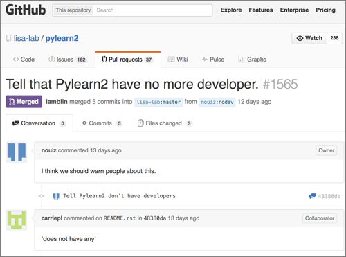 PyLearn2にはもうアクティブな開発者がいないことを知らせるためのREADMEのpull-request