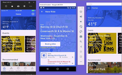 自転車シェアリングサービスのデモンストレーションで、iPhone、Android、Windows向けのアプリ開発を行う様子